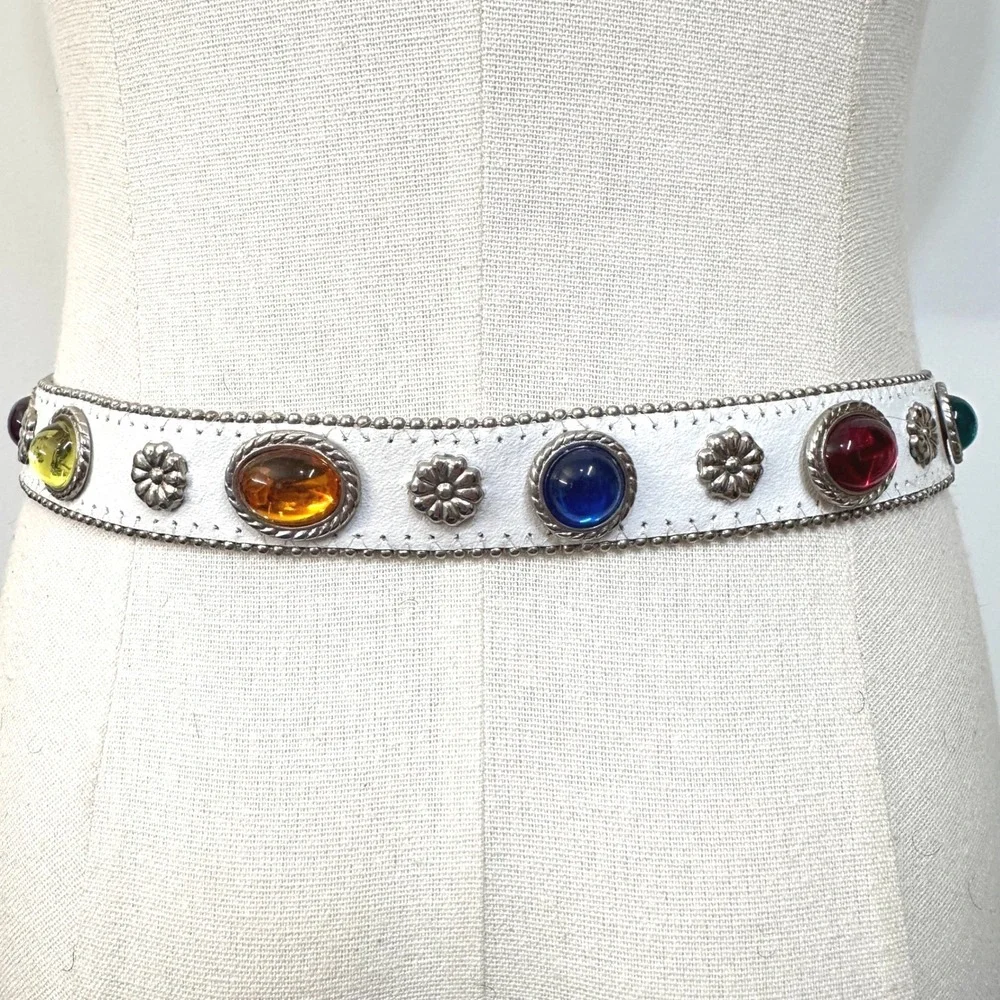 Vintage 80s Jeweled Cabochon Genuine Leather Belt M/L White Multicolor Festival